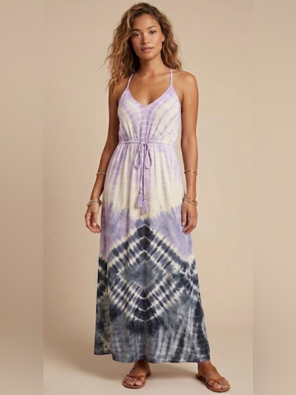 Tie-Dye Maxi Dress with Adjustable Straps - Lavender/White